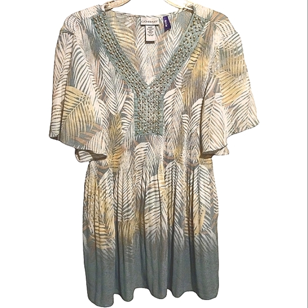 CATHERINES Multi-Colors Beaded Palms Blouse Size 1X WP, 18/20 WP